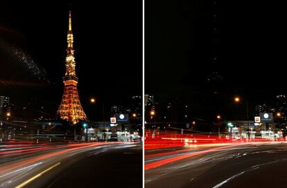 Combo de dos imágenes de la Torre de Tokio (Japón), antes y después de apagar las luces.