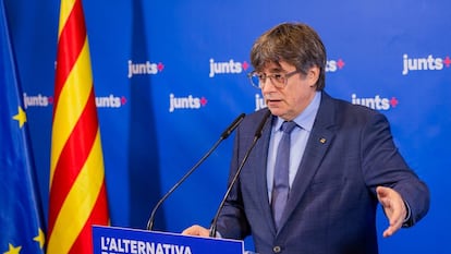 Puigdemont, durante una rueda de prensa en Waterloo (Bélgica).