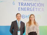 El director ejecutivo de Exolum, Javier Goñi, y la vicepresidenta tercera del Gobierno y ministra para la Transición Ecológica, Sara Aagesen, este jueves en la presentación de la II. edición del Observatorio sobre Tendencias en el Contexto de la Transición Energética en una foto cedida por la empresa