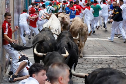 Los toros de la ganadería de Jandilla enfilan la calle Estafeta.
