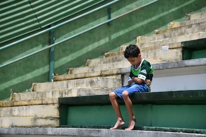 Un niño sentado solo en las gradas del estadio del Chapecoense durante un homenaje a los jugadores de su equipo celebrado en Chapecó (Brasil).