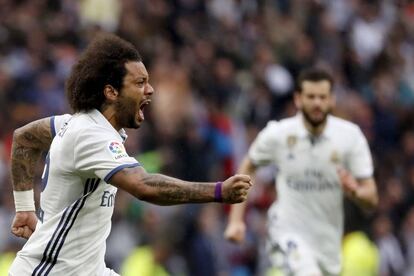 Marcelo celebra su gol ante el Valencia.