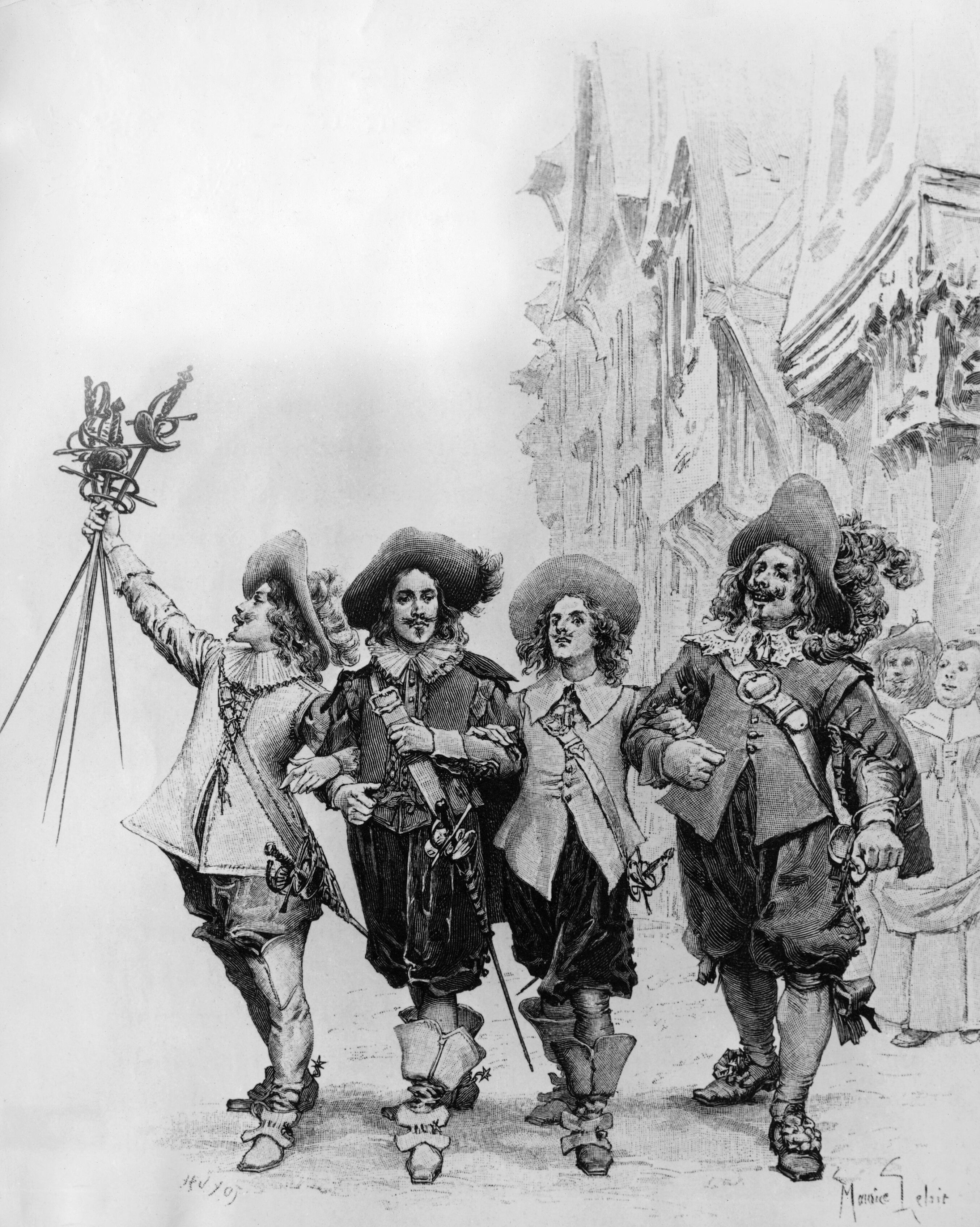 Athos, Porthos, Aramis ayynd D'Artagnan retratados en una ilustración.
