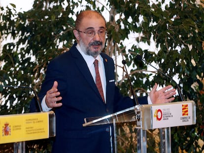 El presidente aragonés, Javier Lambán, participa en una rueda de prensa este miércoles en la Jornada de coordinación de Fondos Next Generation.