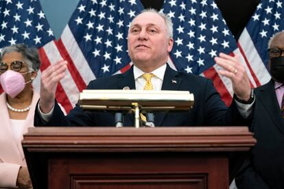 Rep. Steve Scalise addresses reporters during a news conference at the U.S. Capitol in Washington, on Feb. 3, 2022.