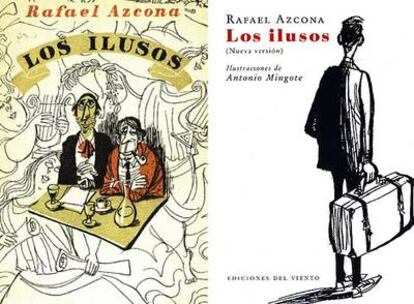 A la izquierda, portada de la primera edición de Los ilusos, de 1958. A la derecha, la nueva edición revisada por el autor. Ambas portadas están ilustradas por el dibujante Antonio Mingote, uno de los grandes amigos del guionista.