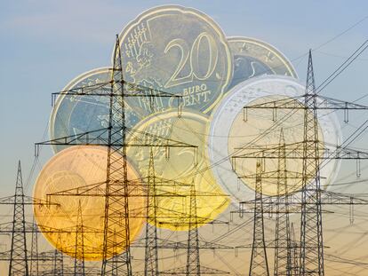 Extra Energía 27-02-22 Digital Composing, overhead power lines, power pylons, high voltage pylons, euro coins, symbol image for electricity costs, Baden-Wuerttemberg, Germany