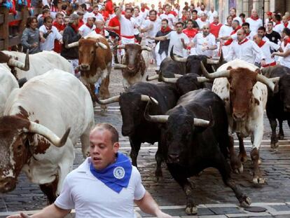 Los toros de 'Jarandilla' en el cuarto encierro de los Sanfermines de 2019.