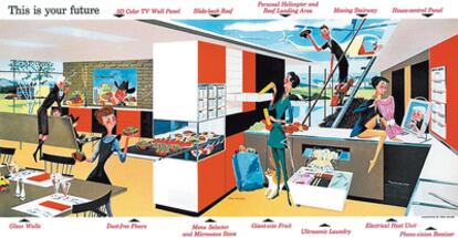 <b>La vida en la casa del futuro según Fren McNabb en 1956. Tendríamos helicópteros personales, frutas gigantes y suelos siempre libres de polvo. </b>