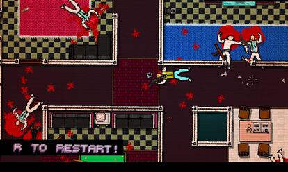 Cena do game ‘Hotline Miami’, que provoca uma reflexão no jogador sobre a violência exercida, graças a uma decisão de projeto: deixar que ele chegue praticamente em silêncio ao final de cada nível, como espectador de seu massacre.