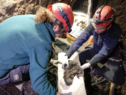 Las arqueólogas recuperan la bota de uno de los fusilados del franquismo arrojados a un pozo a 26 metros de profundidad en Mina Terría (Cáceres).