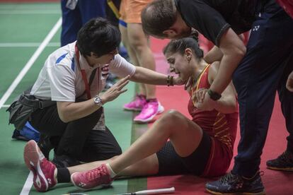 Carolina Marín, en el momento de la lesión en el Másters de Indonesia.