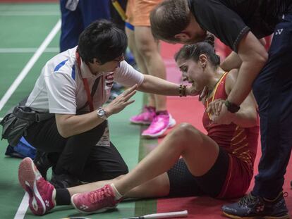 Carolina Marín, en el momento de la lesión en el Másters de Indonesia.
