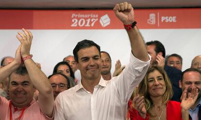 Pedro S&aacute;nchez celebra su victoria en las primarias del PSOE.