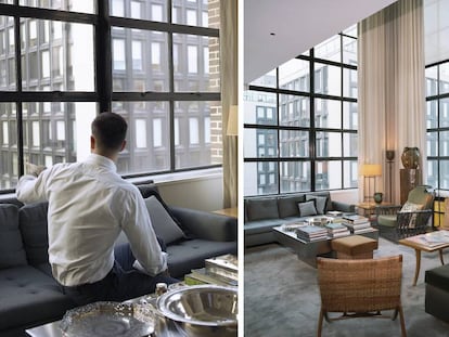 André Mellone posa para Icon Design en su casa de Chelsea. A la derecha, una vista del salón, un espacio con doble altura presidido por cortinas color crema y una butaca de bambú que Mellone pintó de gris.