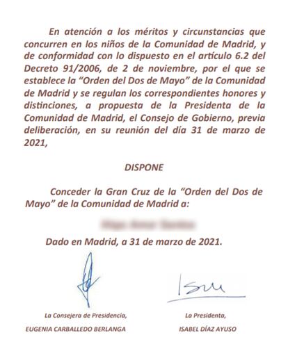 El diploma entregado por el Gobierno regional a los niños de Madrid.