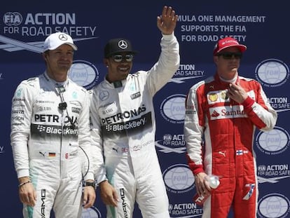 Rosberg y Hamilton, de Mercedes, y Raikkonen, de Ferrari.
