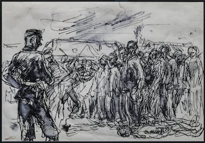 'A contagem em Auschwitz', obra realizada clandestinamente pelo preso Mieczyslaw Koscielniak em 1944.