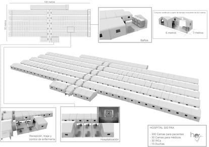 Croquis de un hospital de campaña que ha contratado la Generalitat valenciana con capacidad para 1.100 camas