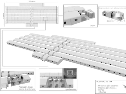 Croquis de un hospital de campaña que ha contratado la Generalitat valenciana con capacidad para 1.100 camas