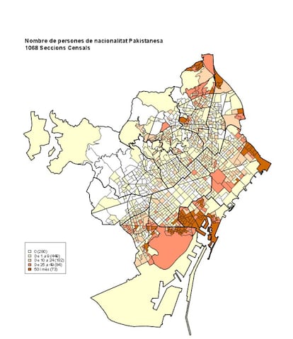 Els col.lectius més nombrosos. Nombre de persones de nacionalitat paquistanesa, per seccions censals. 