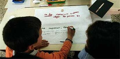 Dos alumnos en un colegio nacido como parte de una cooperativa de viviendas en Madrid.