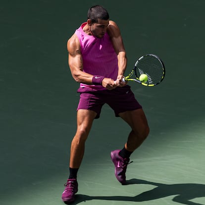 Sep 2, 2025; Flushing, NY, USA; Carlos Alcaraz of Spain in action against Jiri Lehecka of Czech Republic in the quarterfinal of the mens singles at the US Open at Arthur Ashe Stadium in Billie Jean King National Tennis Center. Mandatory Credit: Mike Frey-Imagn Images