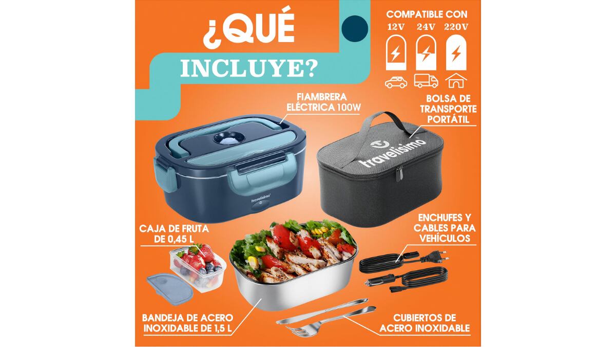 Esta fiambrera eléctrica incluye una funda de transporte y cubiertos.