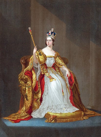 Retrato de la reina Victoria el día de su coronación, en 1838, luciendo la corona con el llamado rubí del príncipe negro.