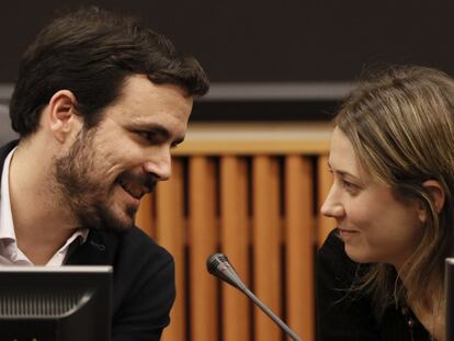 El portavoz parlamentario de IU-UP, Alberto Garz&oacute;n, junto a la eurodiputada de IU Marina Albiol hoy en el Congreso.