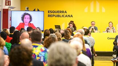 La secretaria general de ERC, Marta Rovira, en conexión telemática en la reunión del Consell Nacional de los republicanos en Barcelona
ERC
15/06/2024