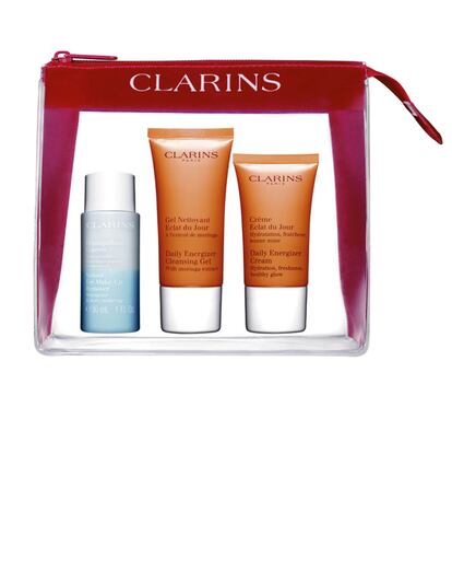 Mini kit de tratamiendo de vitalidad de Clarins. Tres pasos para una piel llena de vitalidad y de luminosidad. Perfecto para ir de viaje. 10 euros.