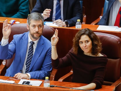 La presidenta de la Comunidad de Madrid, Isabel Díaz Ayuso, y el diputado del PP Miguel Ángel García durante el pleno extraordinario de la Asamblea de Madrid.