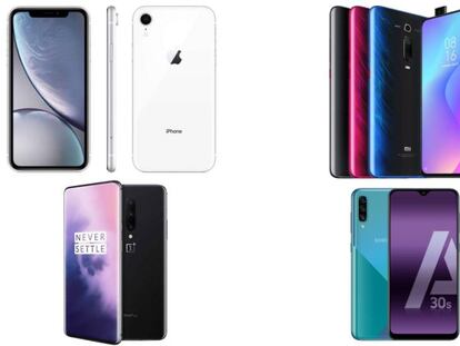 De arriba a abajo y de izquierda a derecha: iPhone XR, Xiaomi Mi 9T Pro, One Plus 7 Pro y Samsung Galaxy A30s.