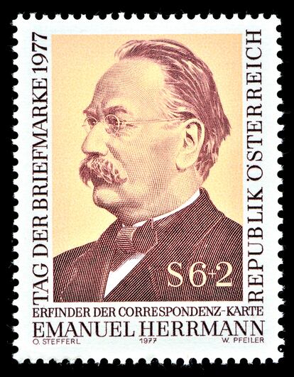 Sello austriaco de 1977 en honor de Emanuel Herrmann, considerado el inventor de las postales.