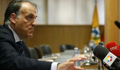 Tebas, en las rueda de prensa posterior a la asamblea de la Liga. 