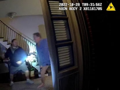 A screenshot from a police body camera video shows David DePape lifting a hammer to strike Paul Pelosi, the husband of then-House Speaker Nancy Pelosi, in the couple’s house on October 28, 2022, in San Francisco, California.