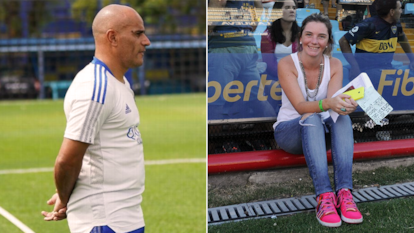 El técnico de primera división del Boca Juniors, Jorge Daniel Martínez y Florencia Marco, jefa de prensa del equipo femenino del club.