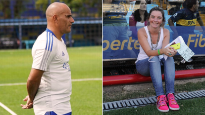 El técnico de primera división del Boca Juniors, Jorge Daniel Martínez y Florencia Marco, jefa de prensa del equipo femenino del club.