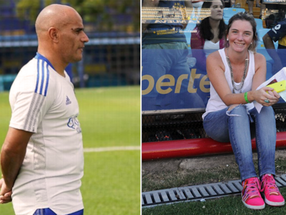 El técnico de primera división del Boca Juniors, Jorge Daniel Martínez y Florencia Marco, jefa de prensa del equipo femenino del club.