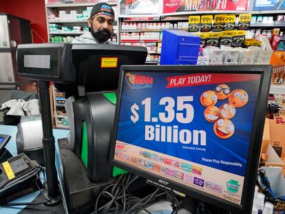 A Mega Million sign displays an estimated jackpot of $1.35 Billion in January 2023.