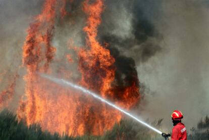 Un bombero lucha contra el fuego en un bosque de Seia, en el parque natural de Serra da Estrela.