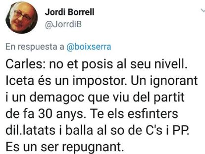 Piulada publicada pel professor Jordi Hernández Borrell amb insults a Miquel Iceta.