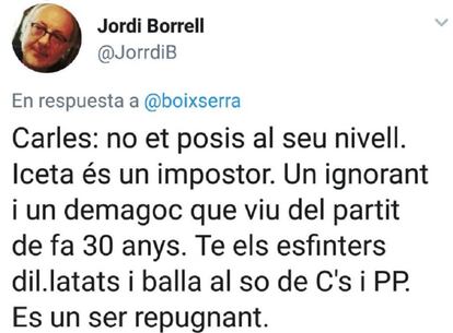 Tuit publicado por el profesor Jordi Hernández Borrell con insultos a Miquel Iceta.