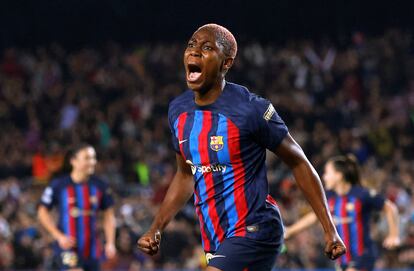 Osohala celebra su primer gol ante el Rosengard, este miércoles en el Camp Nou.