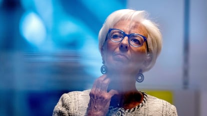 La presidenta del BCE, Christine Lagarde, antes de su rueda de prensa en Fráncfort, este jueves.