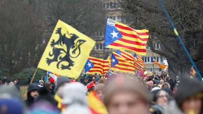 La bandera del flamenquismo de extrema derecha: sobre fiondo amarillo, león erguido mostrando lengua y garras negras.