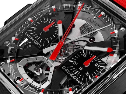 Un detalle de la esfera del Monaco Split-Seconds Chronograph de TAG Heuer.