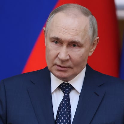 Russian President Vladimir Putin speaks during a meeting with members of the Council of Legislators under the Federal Assembly of the Russian Federation in St. Petersburg, Russia, Monday, April 28, 2025. (Mikhail Metzel, Sputnik, Kremlin Pool Photo via AP)