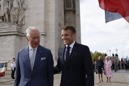 Britain's King Charles III and French President Emmanuel Macron attend a remembrance ceremony at Arc de Triomphe in Paris, France, on September 20, 2023.